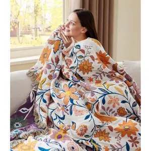 Cozy Muslin Throw Blanket , Boho Farmhouse Woven Blanket for Sofa, Aesthetic Vintage Home Decor, Soft Lightweight Layering Bedding, Botanical Floral Must-Have