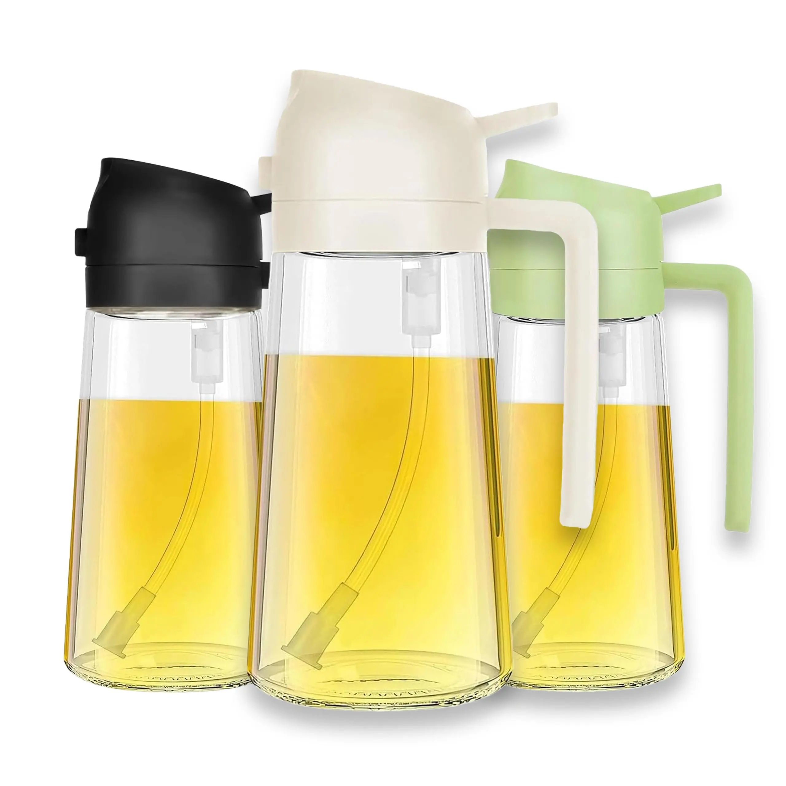 Nifogo 3PCS White Black Green Drip Proof Oil Proof Glass Oil Dispenser Gravity Open Close Spray Pour Dual Use 3D Wide Angle Spray Precise Oil Control Cooking Bottle