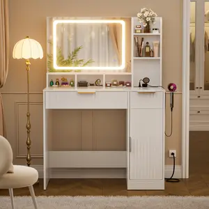 Cyclysio Vanity Desk with Mirror and Light,With Charging Station,Large Drawer,Storage Dresser,3 Lighting Modes Adjustable Brightness, Dressing Table