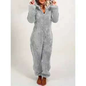 Solid Fuzzy Zip Up Hooded Jumpsuit, Casual Long Sleeve Warm Jumpsuit for Fall & Winter, Women's Clothing