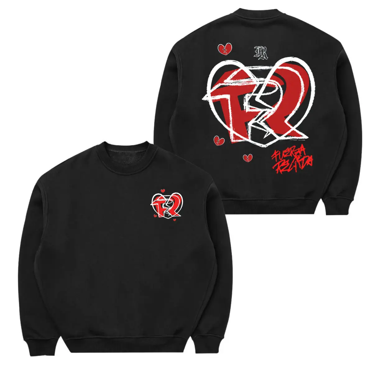 Fuerza Regida Heart TR Sweatshirt, Streetwear Crewneck with Front & Back Graphic, Regional Mexican Rap Style, Hoodie, Long Sleeve