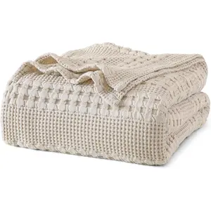 100% Waffle Weave Queen Size, Lightweight Blankets for, Aesthetic Woven for, 90"x90", Oatmeal