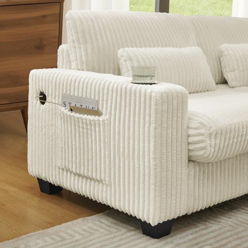 【3-Piece Set 】Niccae 126" Oversized Sectional Couch for Living Room, L-Shaped Modular Corduroy Sofa with Ottoman, Cup Holders, 4-Seater Convertible Design, Charge Port, Waist & Back Pillows