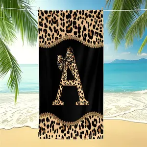 Personalized Leopard Print Letter A-Z Beach Towel, Luxury Bow Black Gold Pool Towel, Boho Chic Camping Towel, Absorbent Bath Towel Blanket, Stylish for Travel & Summer Activities Gift for Women
