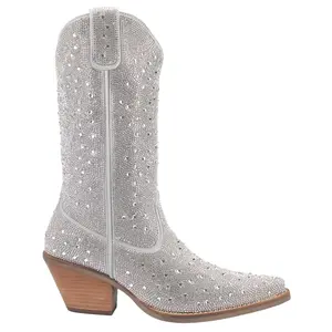 Dingo Womens Silver Dollar Rhinestone Round Toe Pull On Casual Boots Mid Calf Mid Heel 2-3" - Silver