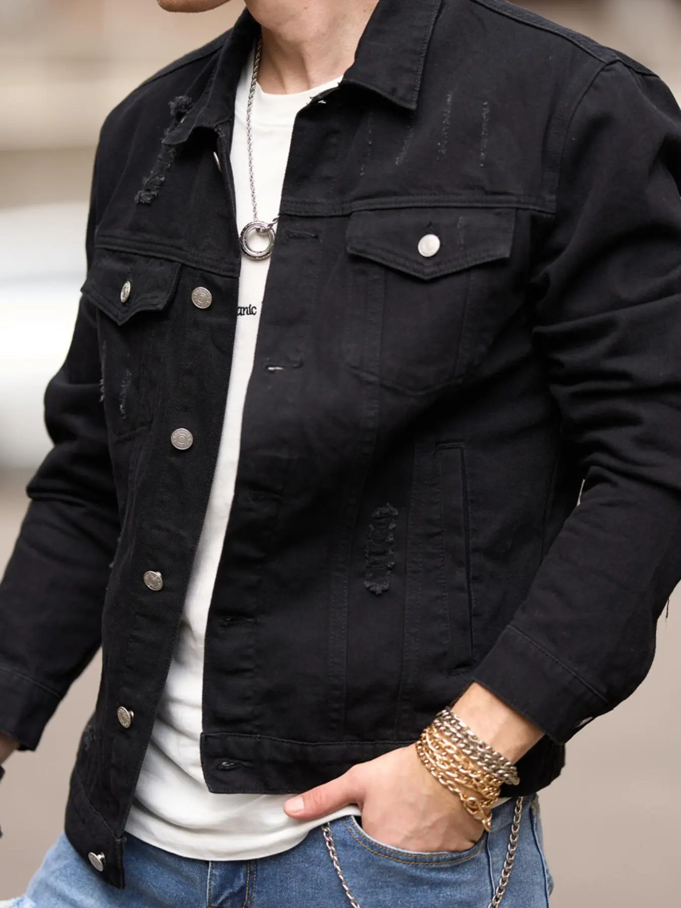 Men's Regular Fit Plain Ripped Button Front Denim Jacket Without Hoodie & Necklace, Casual Pocket Collar Outerwear For Daily Wear, Men's Clothes For All Seasons, National Day Clothing, Denim Shacket Jacket, Coats