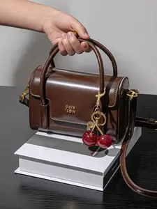 Retro, Pu leather handbag, casual satchel, versatile light luxury single shoulder crossbody bag, Fashionable daily crossbody, with cherry pendant design, can accommodate mobile phones, lipstick, suitable for dating and commuting, Stylish Crossbody Bags
