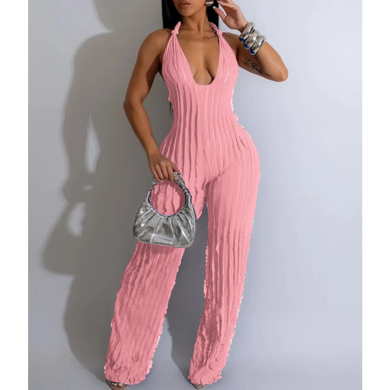 SEXY SOLID JUMPSUIT Halter collar BACKLESS XY7848 Fit Polyester