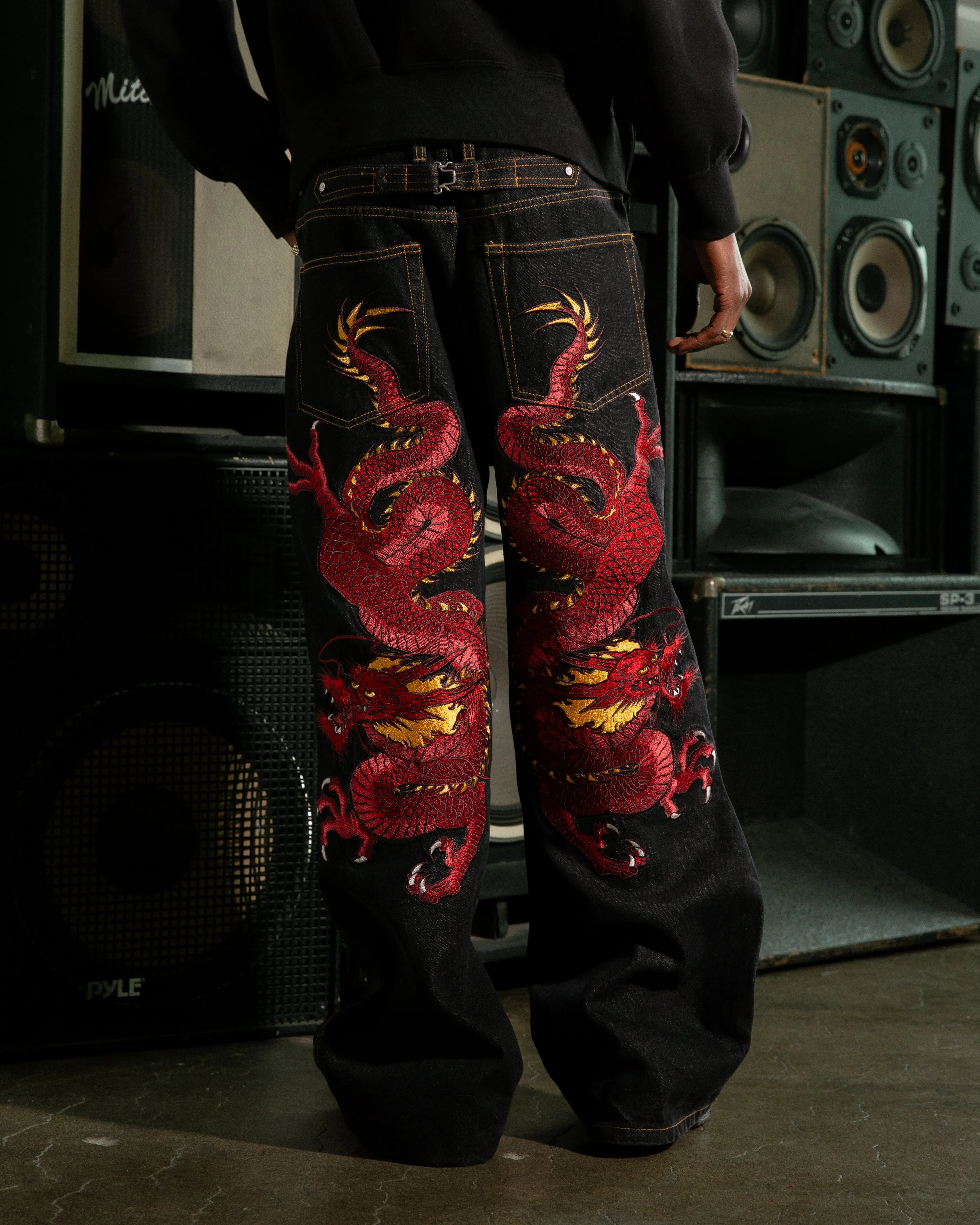 Men's Full-Length Cotton Denim Fabric Jeans - Red Dragon Embroidered, Graphics Design, Streetwear Bottoms