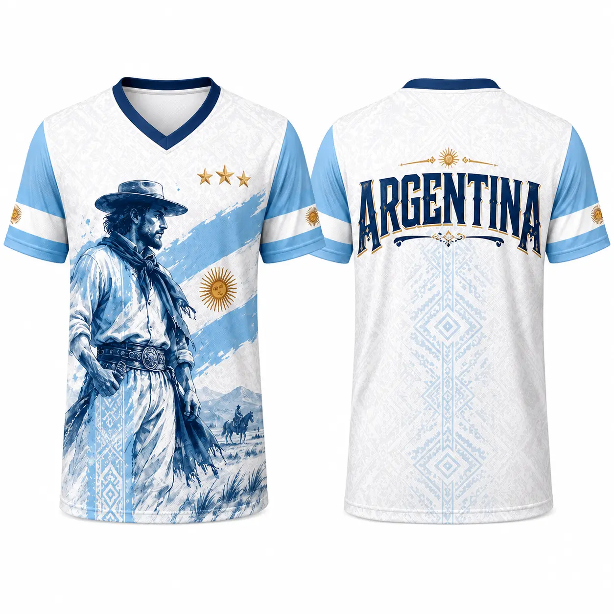 Men's & Women's Argentina V-Neck Compression Jersey, Sky Blue White Flag Gaucho Print Shirt, Sun of May, 3 Stars, ARGENTINA Back Print, Athletic Fit for Game Day, Compression Shirts, Patriotic Tee