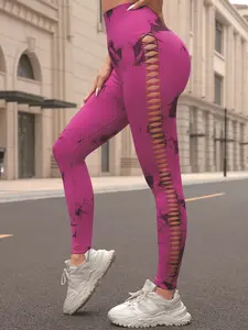 Women's Fitness Training Sports Pants, Tie Dye Hollow Out Mesh Patchwork, Elastic Waist, Yoga Tight Workout Pants, Outdoor Casual Running