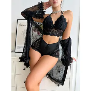 3 Piece Pajama Set Contrast Lace Bow Knot V Neck Cami Sleepwear with Sheer Robes