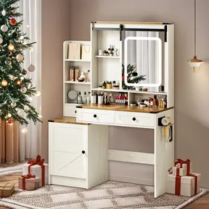 【Valentine's Day gift】Makeup Vanity with HD Mirror, Dressing Table with Adjustable LED Lighting, Vanity Desk Ample Storage & Built-In Power Outlets – Perfect for Beauty Essentials and Home Use
