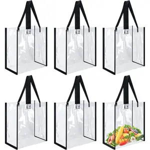 6 Pack 12 x 12 x 6 Inch Clear Tote Bags PVC Plastic Tote Bag With Handles Bulk Stadium Approved Clear Tote Bags for Work Beach Lunch Sports, Concerts