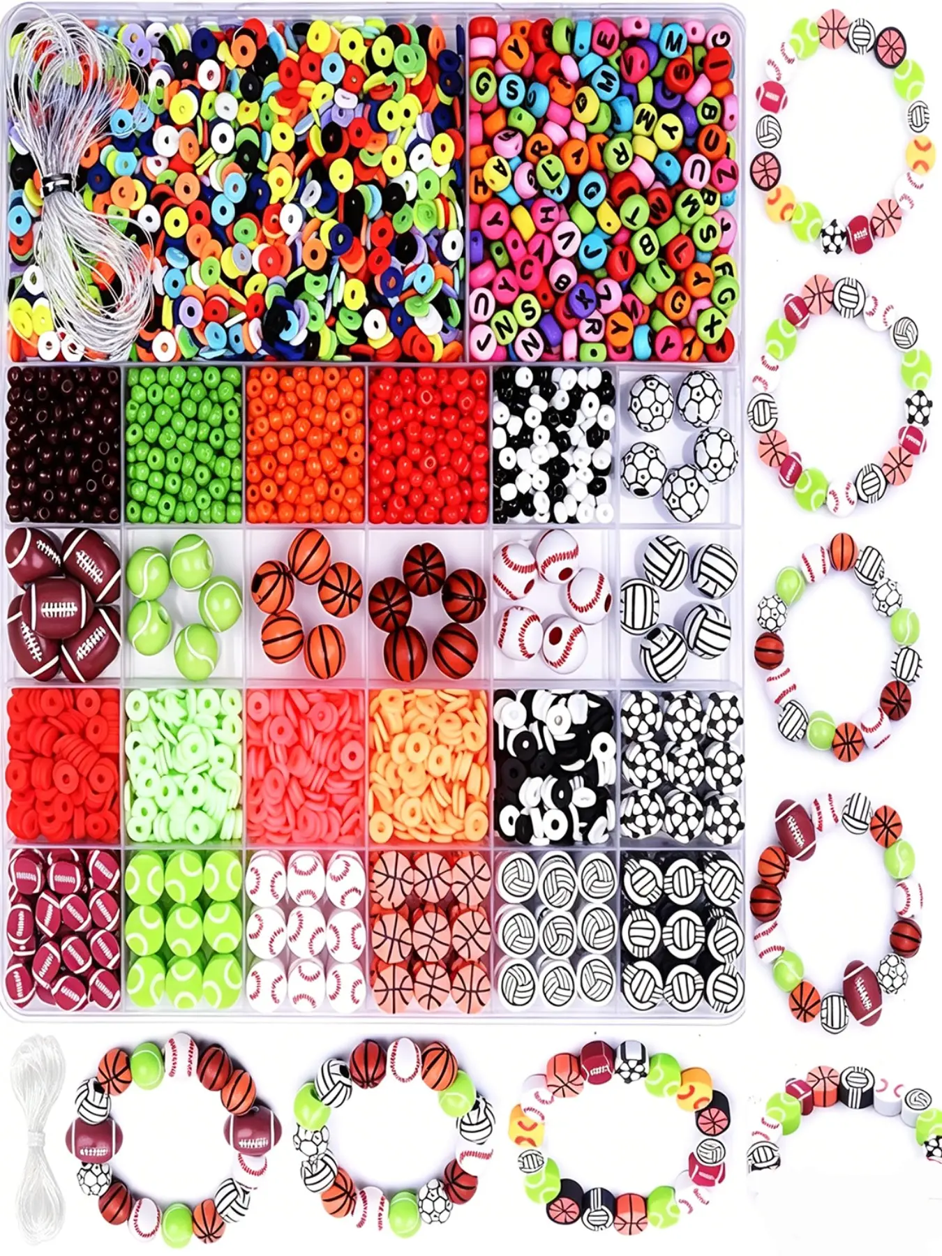 DIY 6800 Sports Ball Polymer Acrylic Bead Jewelry Kit, Friendship Bracelets and Necklaces, Includes Baseball, Basketball, Soccer, Football, Volleyball Beads, Creative Craft Gift, Mixed Beads Kit