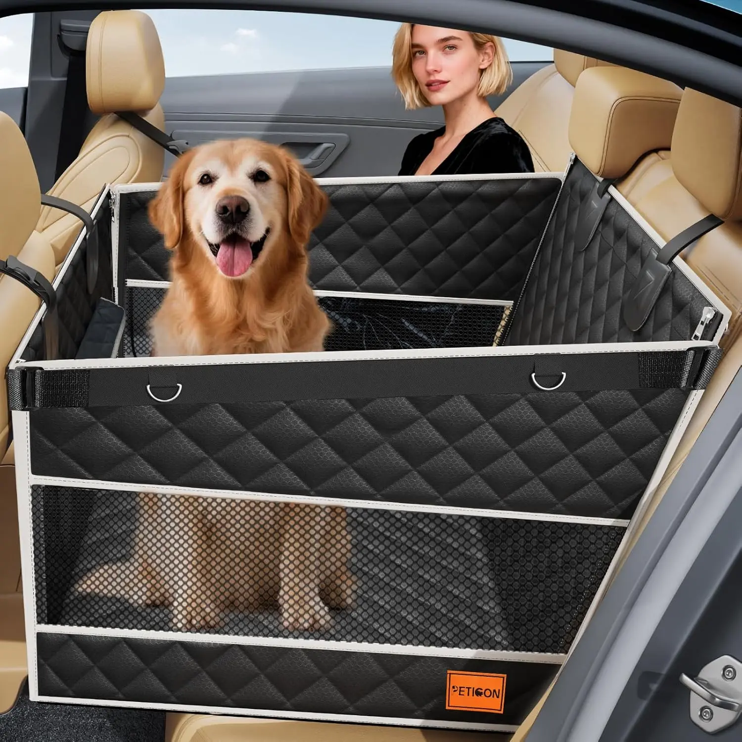 PETICON Dog Car Safety Leash Seat Cover for Large/Medium Dogs - 1-Piece Hard Bottom Back Seat Extender, 2 Mesh Windows, Waterproof Pet Carseat with Storage Pocket for Cars, SUVs, Trucks, Car Safety Leash Seat Covers