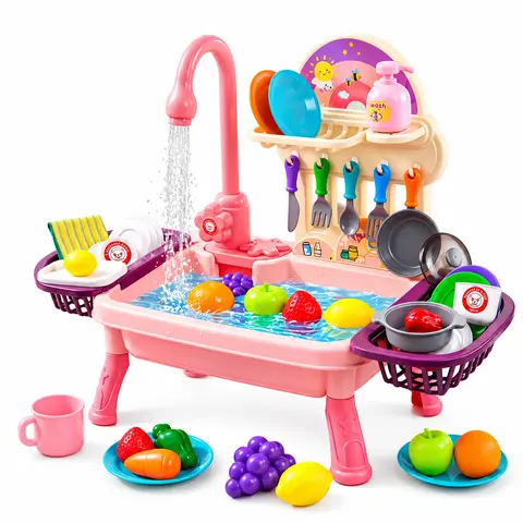 Kids Play Sink with Running Water, Electric Dishwashing Toy Set with Automatic Faucet, Play Food Fruits & Kitchen Utensils, Pretend Play Role Play Educational Gift for Toddlers Boys Girls Ages 3-6