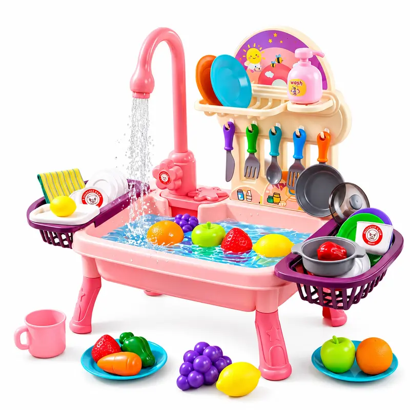 Kids Play Sink with Running Water, Electric Dishwashing Toy Set with Automatic Faucet, Play Food Fruits & Kitchen Utensils, Pretend Play Role Play Educational Gift for Toddlers Boys Girls Ages 3-6