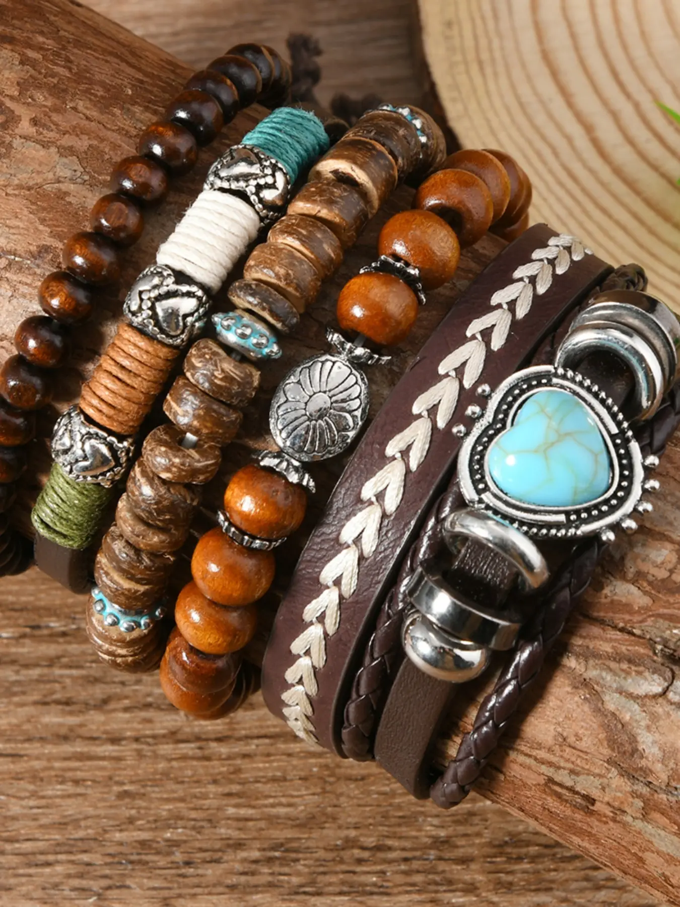 Bohemian Leather Accessory Bracelet Set, 6 Pieces, Wooden Beads with Turquoise Heart Pendant, Wristband, Casual Boho Style, All Seasons, High Quality Bracelet
