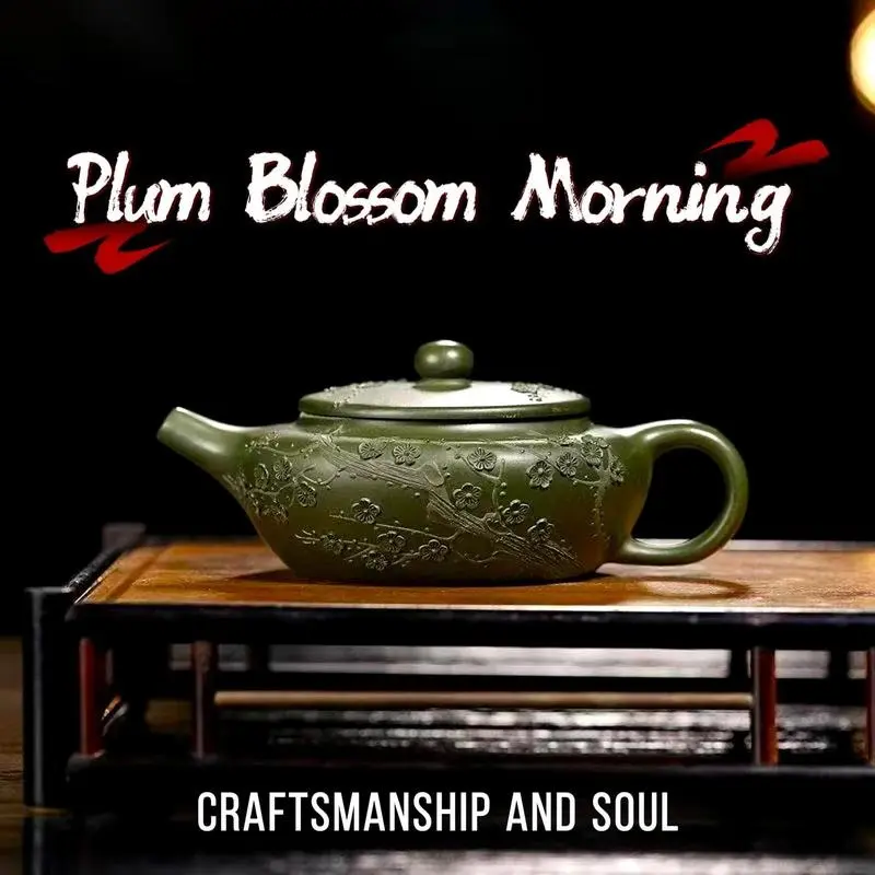 Handmade Yixing Purple Clay Teapot - Plum Blossom Morning Original Ore Green Clay, Intricate Carvings, Flat-Bodied, Comfortable Handle for Brewing Tea Enthusiasts, With Handle