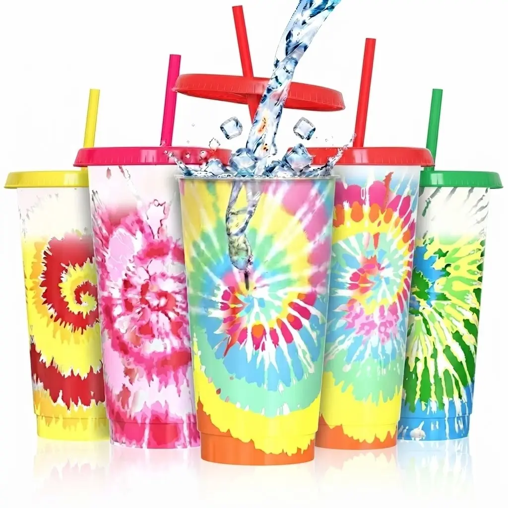 24 oz Color Changing Cups with Lids and Straws,4Pack Reusable Plastic Tumblers for Iced Coffee, BPA-Free Tie Dye Cold Cups, Sturdy Drinking Cups with Cleaning Brush Set