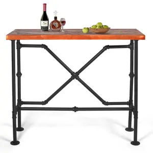 Bar Table, 47.24"L×41.35"H Bar Height Pub Table High Top Rectangular Sofa Console Table Kitchen Dining Coffee Table, for Narrow Space, Living Room, Indoor, Industrial Black Metal, Rustic Brown Wood