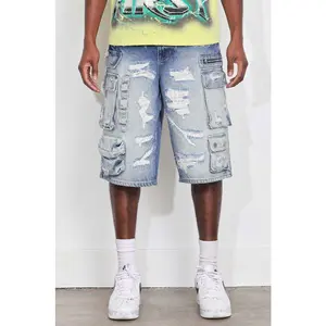 First Row Shorts - Washed Multi Cargo Denim Jorts - FRS3014