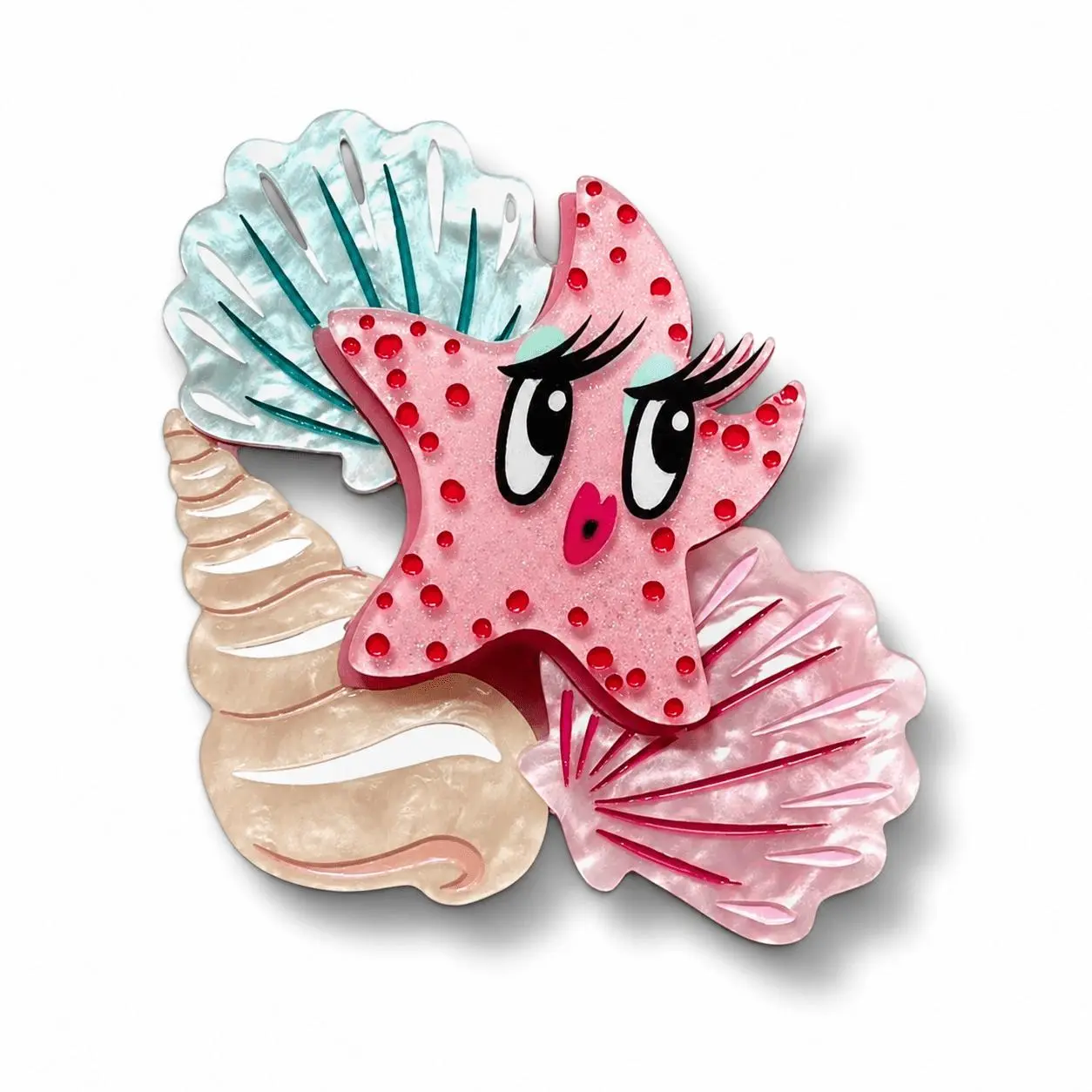 Seashell Theme Acrylic Brooch Clip by Miss Fluff - Lipstick & Chrome, Resin Finish, for Casual Wear to Achieve a Playful Look