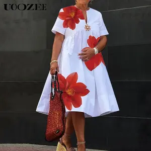 UOOZEE Women's A-line Loose Floral Print Pleated V-neck Midi Dress, A bit Sheer & Light, No Pockets, Multi-color, Multi-occasion Wear, Suitable for Spring and Summer Seasons SpringStatements