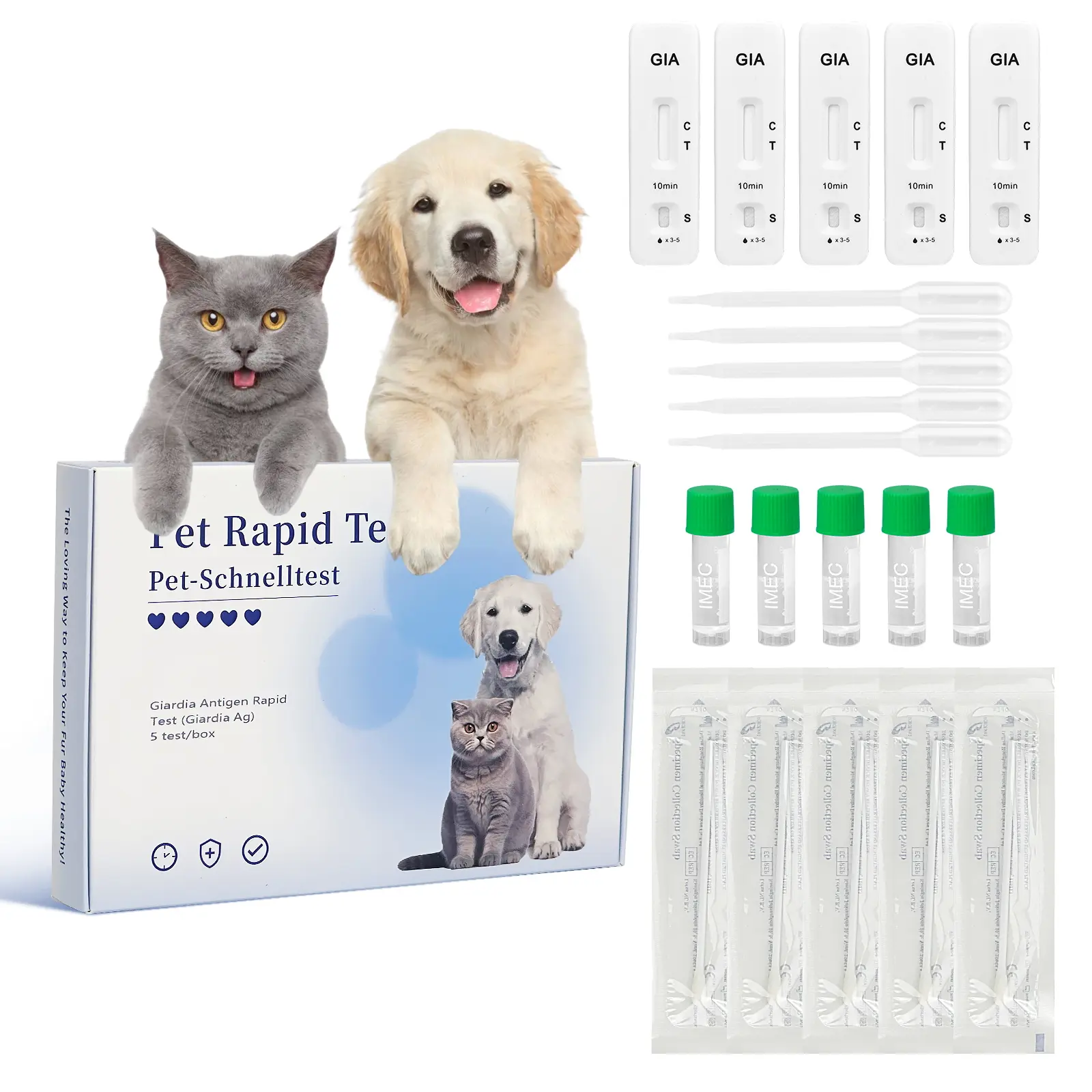 PawsXfun Universal Giardia Test Kit - 5-Piece Affordable Non-Invasive Home Testing Kit for Dogs & Cats, Fast 5 Min Feces/Vomit Detection, Accurate for All Breeds & Ages, Includes Cotton Swabs, Assay Buffer, Manual (All Seasons Use)