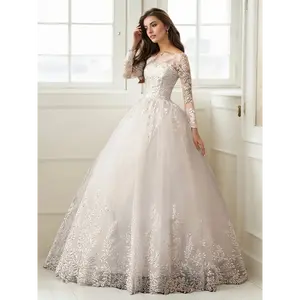 Elegant Off-Shoulder A-Line Wedding Dress with Lace Embroidery, Long Sleeve Floor-Length Bridal Gown for Women, Perfect for Weddings and Formal Events, Party Attire | Offshoulder Design | Glossy Texture