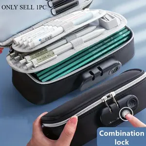 1pc Three-Layer Large Capacity Portable Combination Lock Pencil Case - Secure, Spacious, and Versatile Storage for School and Office Supplies - Black Canvas Stationery Box, Perfect Gift