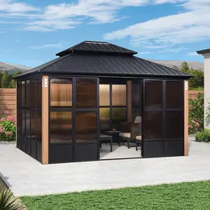 PURPLE LEAF 12' x 14' Hardtop Gazebo For Patio | Screen House Wood Grain Aluminum Solarium Canopy
