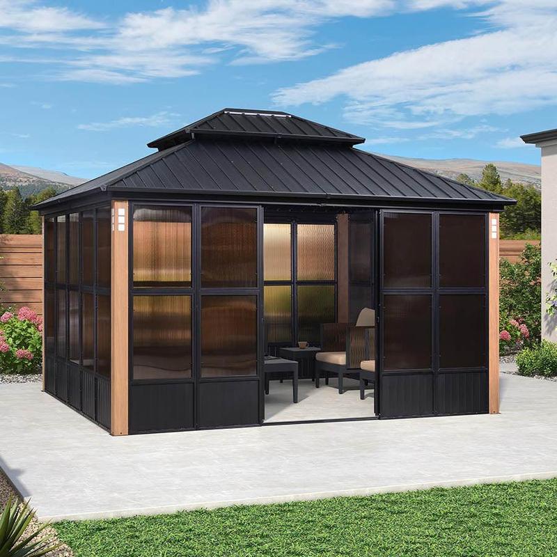 PURPLE LEAF 12' x 14' Hardtop Gazebo For Patio | Screen House Wood Grain Aluminum Solarium Canopy