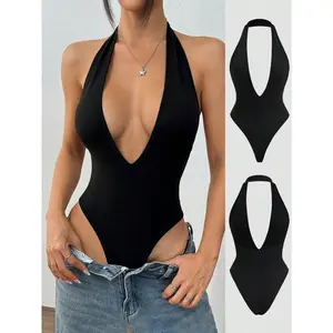 2 Pieces-2026 New Women's Sexy Halter Solid Color Bodysuit, Hot Girl Backless Black Tapered Bodysuit Three-Quarter Pants nye  outfit Sleeveless Fabric Spandex Style High Waist Jumpsuit