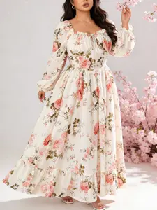 Plus Size Rose Print Square Neck Long Dress, Frill Hem & Bubble Sleeves, Waist Cinched Split Skirt, Vintage Romantic Style