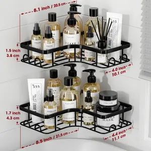 Black L Shaped Shower Corner Shelf 2 Pack, Wall Mounted Bathroom Organizer No Drill Installation, Space Saving Shower Caddy for Shampoo, Body Wash and Accessories, Strong Metal Bathroom Storage Rack for Shower, Kitchen and Toilet Use