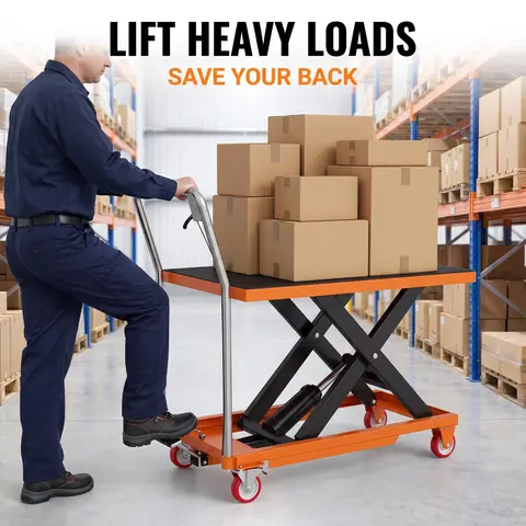 【Garvee】1100lbs Hydraulic Lift Table Cartwith  500lbs, and 330lbs Capacities, Manual Double Scissor Lift Table with Foot Pedal Pump, 50" Max Lifting Height, Locking Casters and Non-Slip Platform for Warehouse, Workshop & Garage