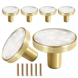 6-Piece Brushed Brass Round Cabinet Knobs with Mother-Of-Pearl Inlay, Modern Drawer Pulls with Installation Screws, Kitchen & Bathroom Hardware