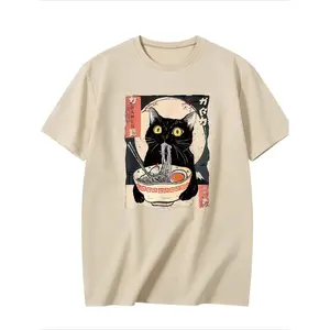 Black Cat Eating Ramen Japanese Art Graphic Cotton T-Shirt, Valentine's Day Gift for Cat & Ramen Lovers, Oversized Comfort Fashion Streetwear Tee