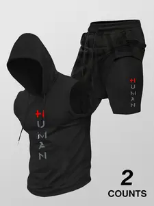 Men's Workout 2-Piece Set, Sleeveless Hooded Tank & Double Layer Shorts, Quick Dry Gym Outfit with HUMAN Print, Athletic Wear for Training, Running, Fitness, Casual #springsaledeals2026 #summeroutfits #fyp #menssportswear