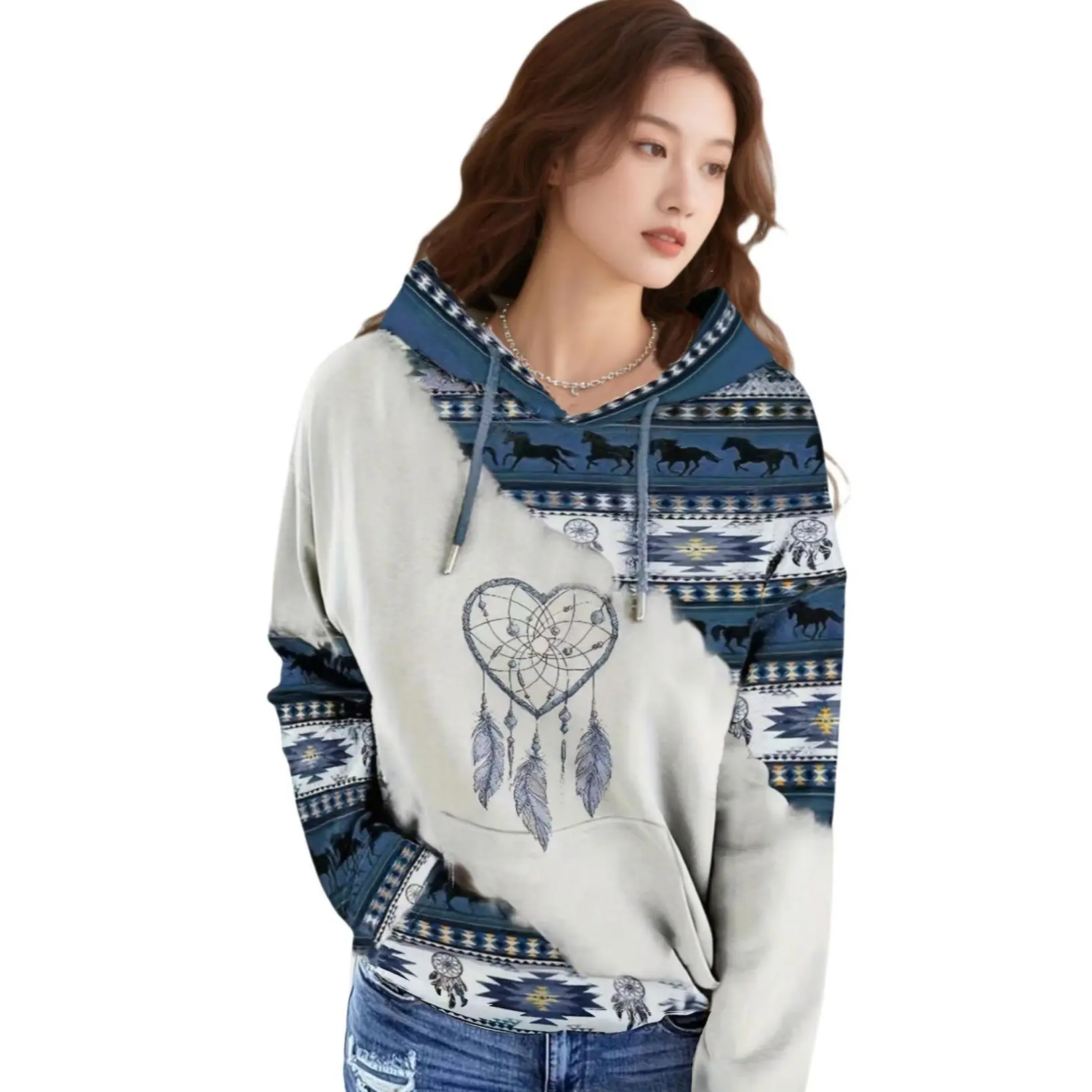 Women's Ethnic Pattern Patchwork Horse PrintDrawstring Hoodie, Casual Long Sleeve DropShoulder Hooded Sweatshirt for Daily HolidaOutdoor Wear, Ladies Clothes for All Seasons