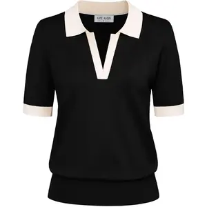 Women Short Sleeve Polo Sweater V Neck Knitted Tops Casual Ribbed Shirt Loose Pullover Sweater