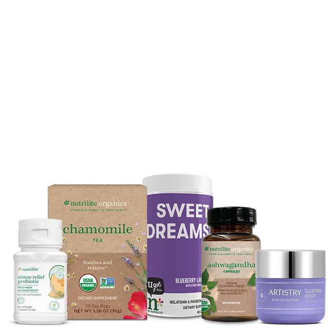 Amway Sleep +Nutrilite Stress Solution Bundle | Daily Wellness & Evening Routine Bundle | Chamomile Tea, Ashwagandha & Sleep Gummies