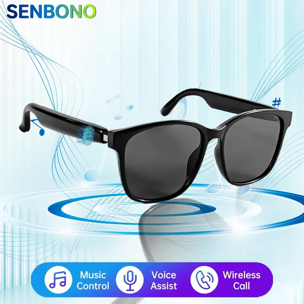 Senbono Smart Glasses for Women, Bluetooth-compatible Sunglasses with Earphones, Outdoor Sports, Transparent Lens, Touch Control, Wireless