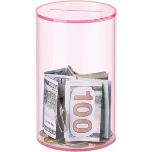 Clear Piggy Bank for Adults Kids Mt Break to Open, Pink Acrylic Piggy Bank Unopenable Money Savings Jar (6" x 3.54" D)