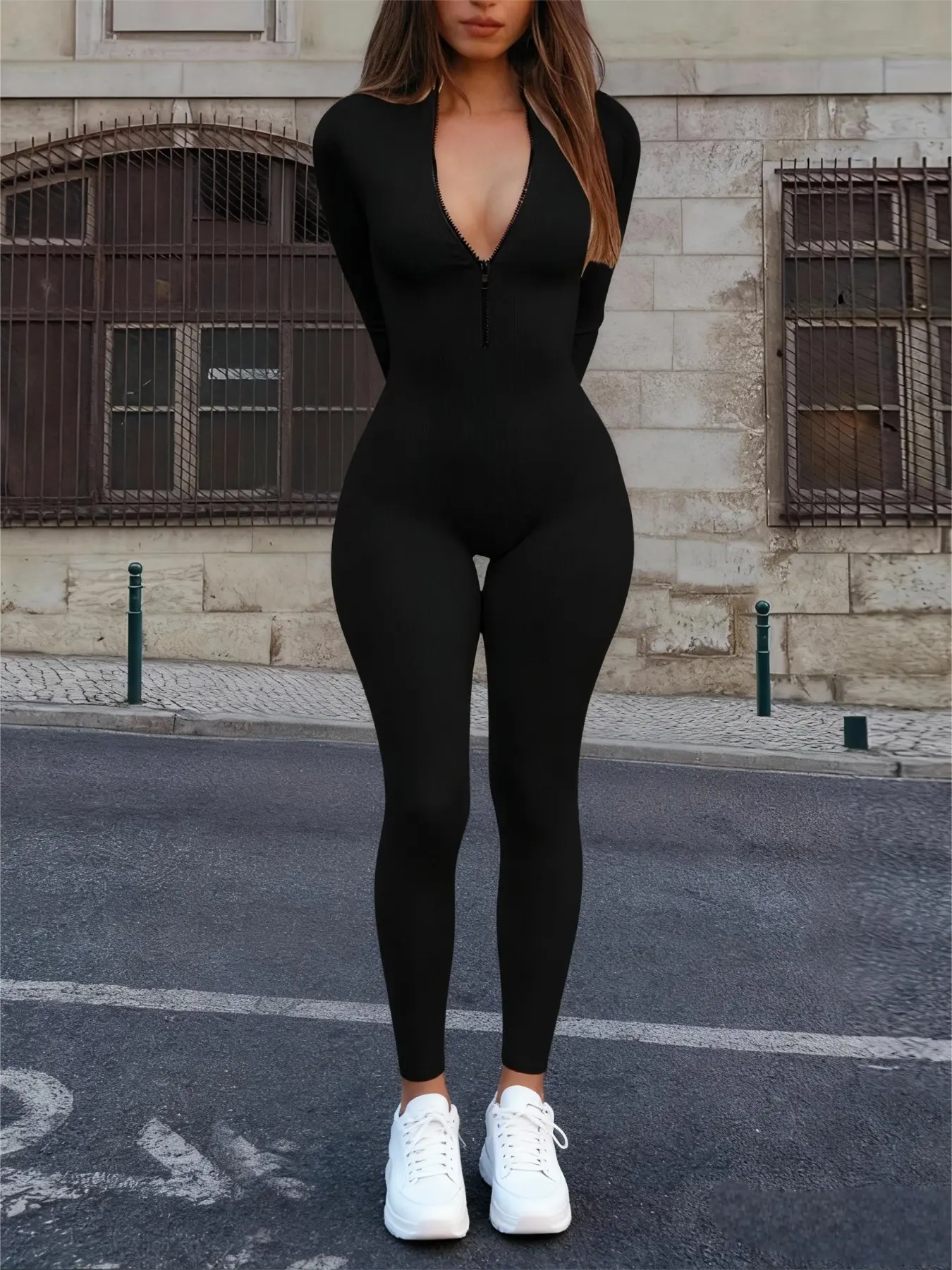 Women's Sexy Slim-Fit Zipper Jumpsuit, Plain Color Fashionable One-Piece, Perfect for Spring & Fall Seasons, High Waisted Jumpsuits