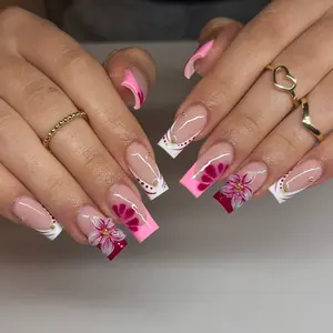 Bubble Nailart | Pink Red Floral French Coffin Nails with 3D Blossom Handmade Press On Nails REUSABLE Gel Acrylic / Spring