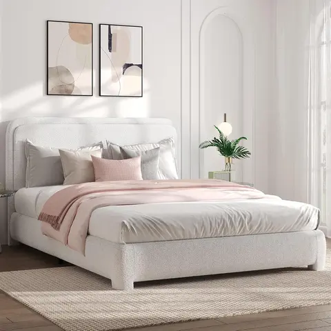 HOMBCK Soft Boucle Contemporary Upholstered Bed Frame - Soft Curved Headboard, Rounded Corners, Silent, High Resiliency Foam, Assembly Required, Modern Bedroom Furniture, No Mattress Included,familyfun