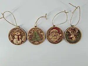 Wooden Laser Engraved Rustic Christmas Ornaments - Vintage Holiday Tree Decorations Handcrafted Wood Ornaments Set of 4 with Classic Icons Like Snowman Christmas Tree Santa & Reindeer - Gift